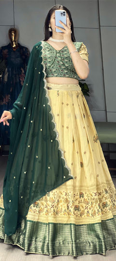 Yellow color Lehenga in Silk fabric with Printed, Weaving work