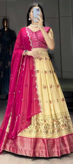 Yellow color Lehenga in Silk fabric with Printed, Weaving work