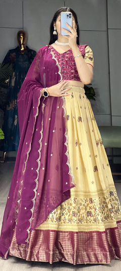 Yellow color Lehenga in Silk fabric with Printed, Weaving work