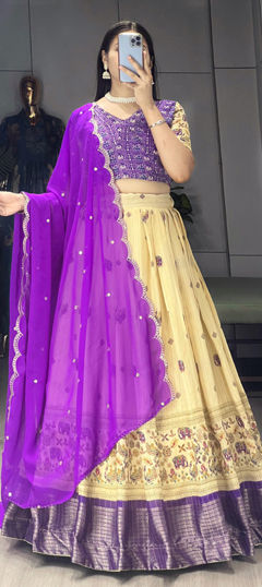 Yellow color Lehenga in Silk fabric with Printed, Weaving work