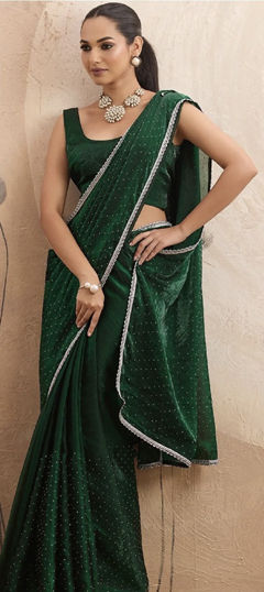 Green color Saree in Chiffon fabric with Lace, Stone work