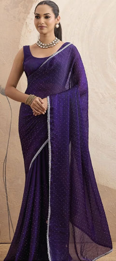 Purple and Violet color Saree in Chiffon fabric with Lace, Stone work