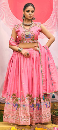 Pink and Majenta color Lehenga in Shimmer fabric with Embroidered, Resham, Thread work