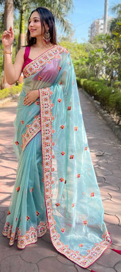 Blue color Saree in Net fabric with Embroidered, Resham, Stone, Thread work