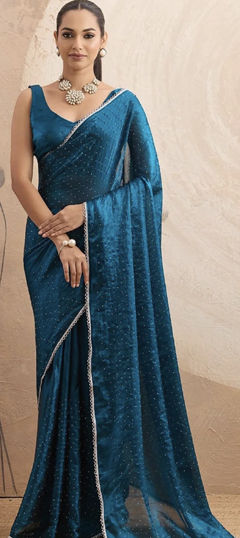 Blue color Saree in Chiffon fabric with Lace, Stone work