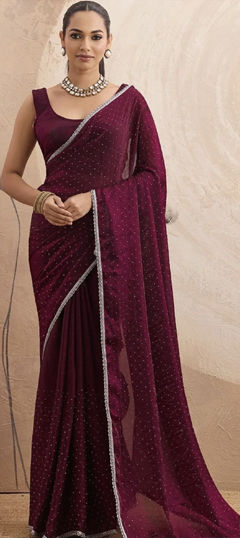 Purple and Violet color Saree in Chiffon fabric with Lace, Stone work