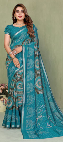 Blue color Saree in Cotton, Malmal fabric with Printed work