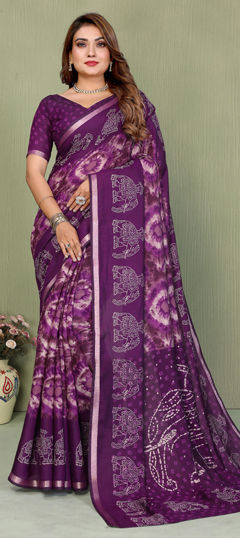 Purple and Violet color Saree in Cotton, Malmal fabric with Printed work
