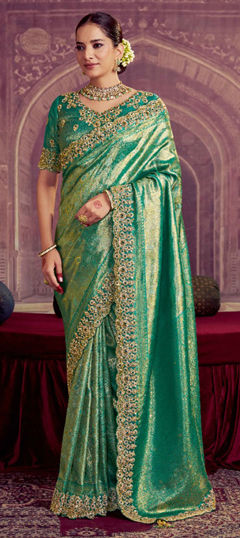 Green color Saree in Kanjeevaram Silk fabric with Bugle Beads, Embroidered, Sequence work