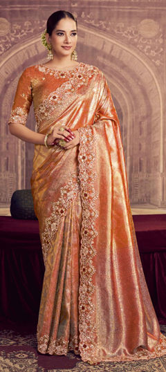 Pink and Majenta color Saree in Kanjeevaram Silk fabric with Bugle Beads, Embroidered, Sequence work