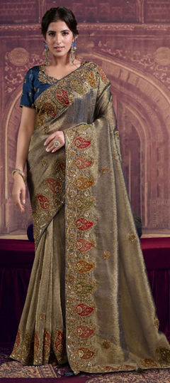 Beige and Brown color Saree in Georgette, Organza Silk fabric with Sequence work