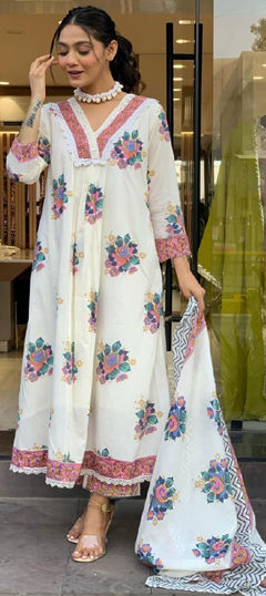 White and Off White color Salwar Kameez in Cotton fabric with Embroidered work