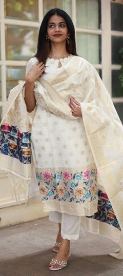 White and Off White color Salwar Kameez in Jacquard, Viscose fabric with Embroidered work