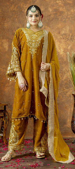 Gold color Salwar Kameez in Velvet fabric with Embroidered, Sequence work