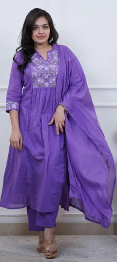 Purple and Violet color Salwar Kameez in Cotton fabric with Embroidered work