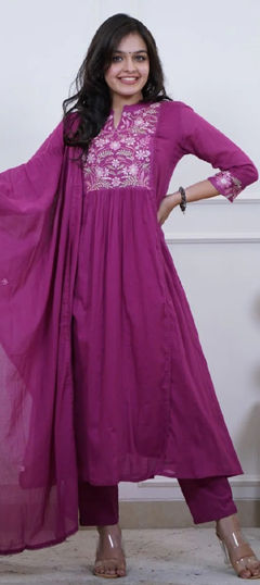 Pink and Majenta color Salwar Kameez in Cotton fabric with Embroidered work