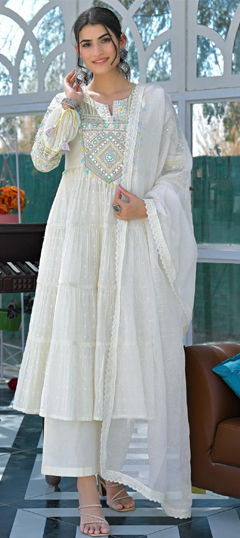 White and Off White color Salwar Kameez in Cotton fabric with Embroidered, Lace work