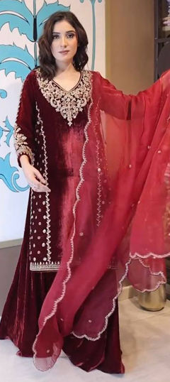 Red and Maroon color Salwar Kameez in Velvet fabric with Bugle Beads, Embroidered work