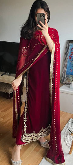 Red and Maroon color Salwar Kameez in Velvet fabric with Bugle Beads, Embroidered work
