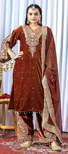 Beige and Brown color Salwar Kameez in Velvet fabric with Embroidered, Sequence work