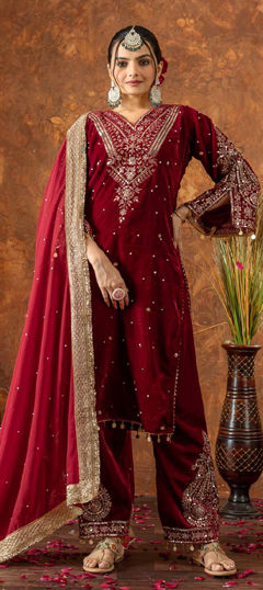 Red and Maroon color Salwar Kameez in Velvet fabric with Embroidered, Sequence work