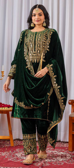 Green color Salwar Kameez in Velvet fabric with Embroidered, Sequence, Zari work