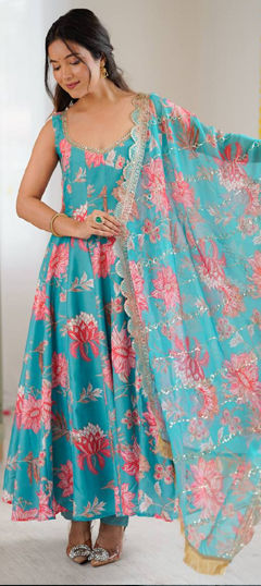 Blue color Salwar Kameez in Muslin fabric with Floral, Printed work