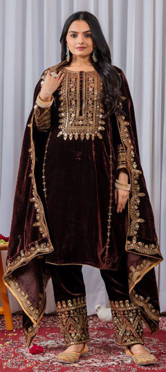 Beige and Brown color Salwar Kameez in Velvet fabric with Embroidered, Sequence, Zari work