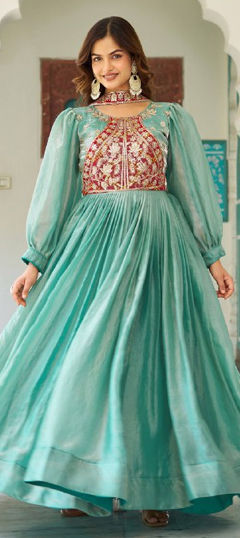 Blue color Gown in Art Silk fabric with Embroidered, Sequence, Thread work