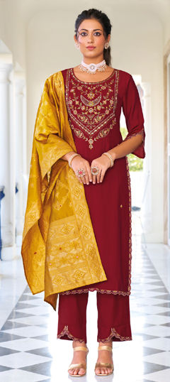 Red and Maroon color Salwar Kameez in Viscose fabric with Embroidered work