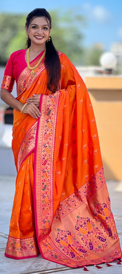 Orange color Saree in Art Silk fabric with Weaving work