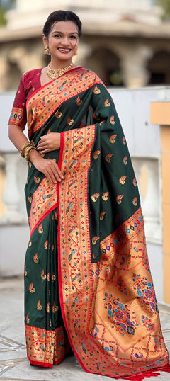 Green color Saree in Jacquard fabric with Weaving work