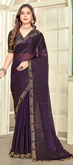 Purple and Violet color Saree in Satin Silk fabric with Zircon work