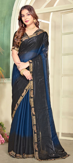 Blue color Saree in Satin Silk fabric with Zircon work