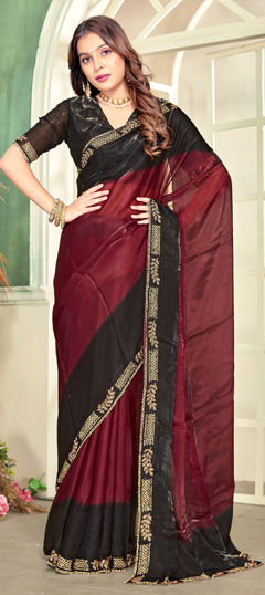 Red and Maroon color Saree in Satin Silk fabric with Zircon work