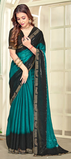 Green color Saree in Satin Silk fabric with Zircon work