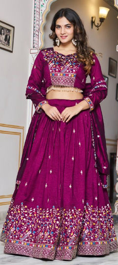 Red and Maroon color Ready to Wear Lehenga in Silk fabric with Embroidered, Sequence, Thread work