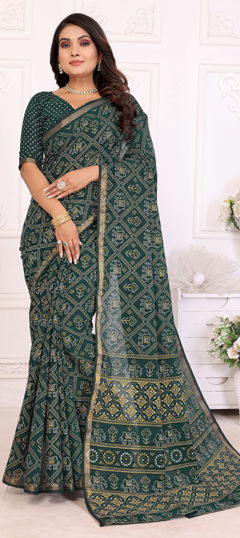 Green color Saree in Cotton fabric with Bandhej, Weaving, Zari work