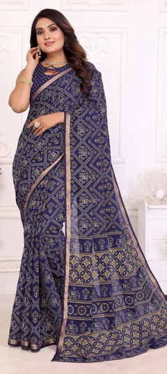 Blue color Saree in Cotton fabric with Bandhej, Weaving, Zari work