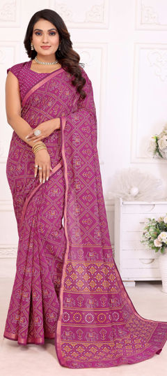 Pink and Majenta color Saree in Cotton fabric with Bandhej, Weaving, Zari work