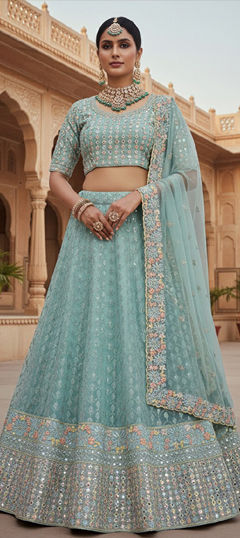 Blue color Lehenga in Net fabric with Embroidered, Sequence, Stone, Thread work