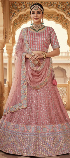 Pink and Majenta color Lehenga in Net fabric with Embroidered, Sequence, Stone, Thread work