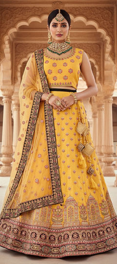 Yellow color Lehenga in Dupion Silk fabric with Embroidered, Swarovski, Thread work
