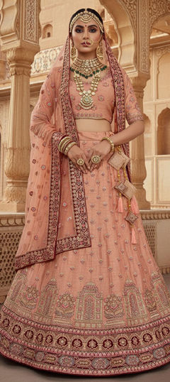 Pink and Majenta color Lehenga in Dupion Silk fabric with Embroidered, Swarovski, Thread work