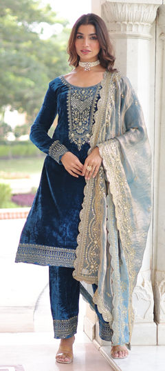 Blue color Salwar Kameez in Velvet fabric with Embroidered, Sequence, Zari work