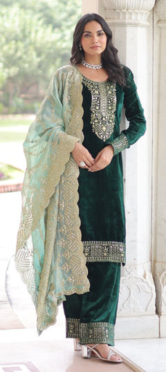 Green color Salwar Kameez in Velvet fabric with Embroidered, Sequence, Zari work