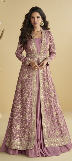 Pink and Majenta color Gown in Chinon Silk fabric with Embroidered, Sequence, Zari work