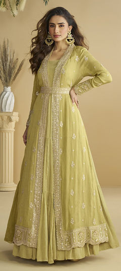 Yellow color Gown in Chinon Silk fabric with Embroidered, Sequence, Zari work