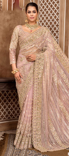 Pink and Majenta color Saree in Net fabric with Embroidered, Sequence, Thread, Zari work