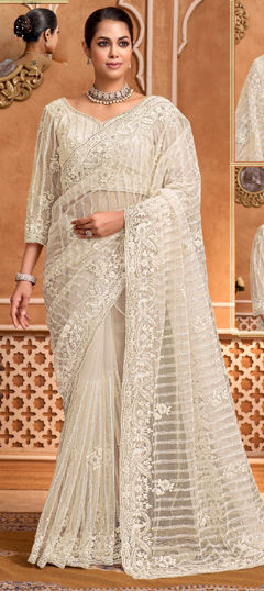 White and Off White color Saree in Net fabric with Embroidered, Resham, Sequence, Thread work